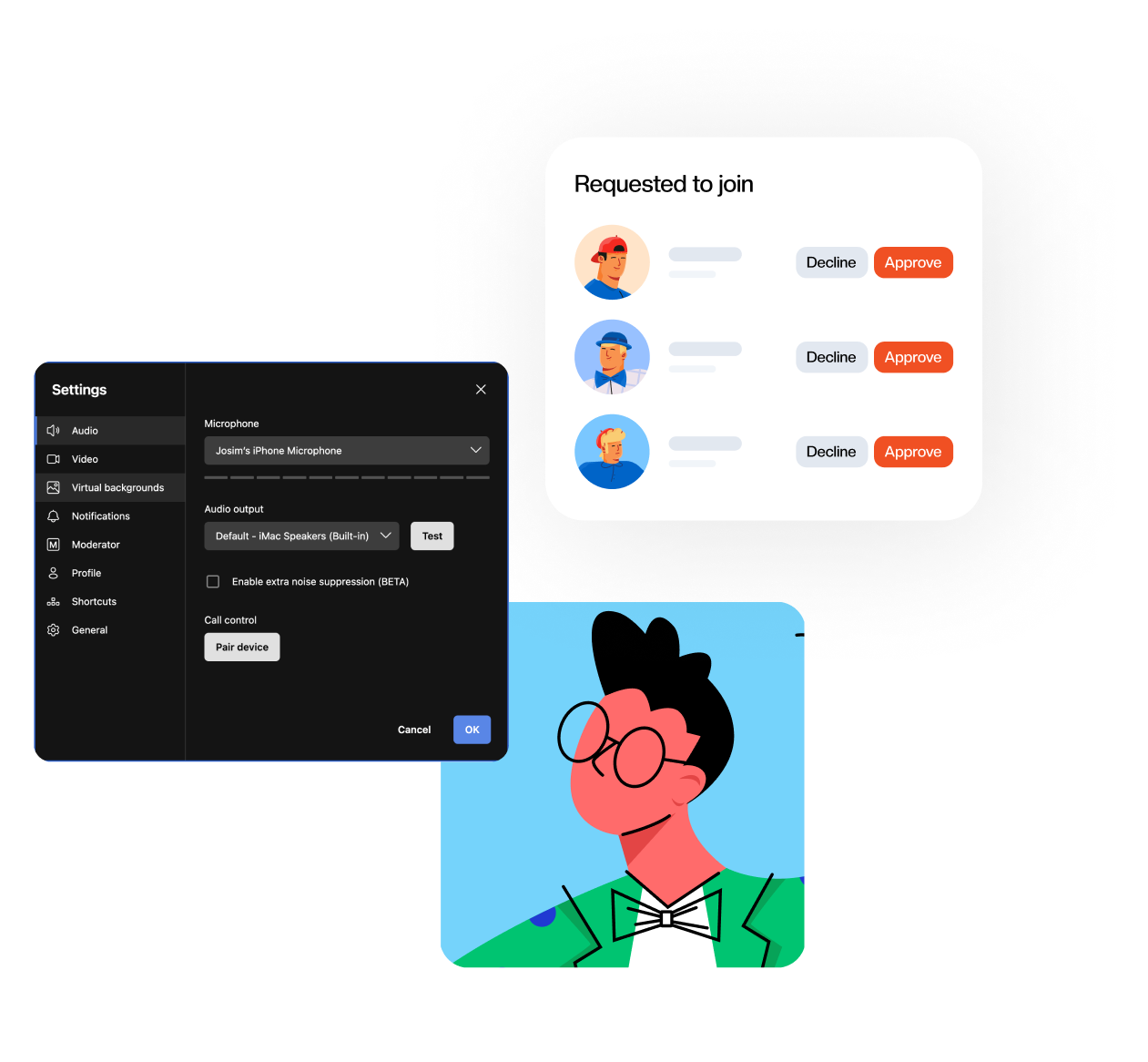 An illustration showing meeting UI elements like a settings panel and a waiting room approval modal.