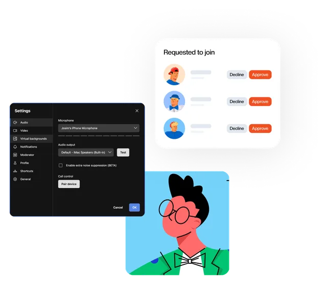 An illustration showing meeting UI elements like a settings panel and a waiting room approval modal.