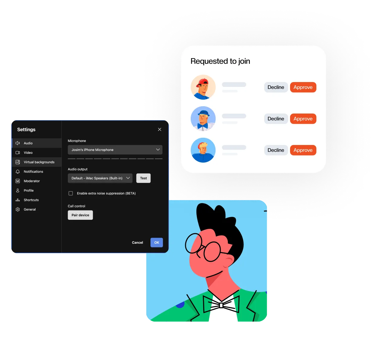 Sonacove meeting settings open on the audio tab, next to a waiting room panel listing three people who have requested to join, each with approve and decline buttons