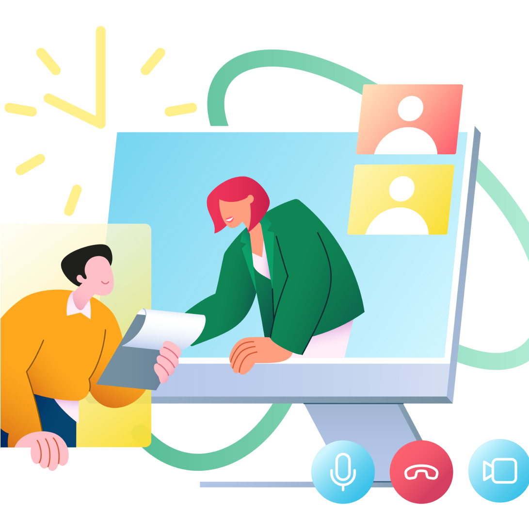 An illustration of a teacher conducting an online class on a desktop computer.