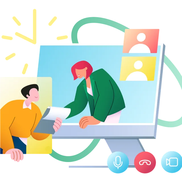 An illustration of a teacher conducting an online class on a desktop computer.