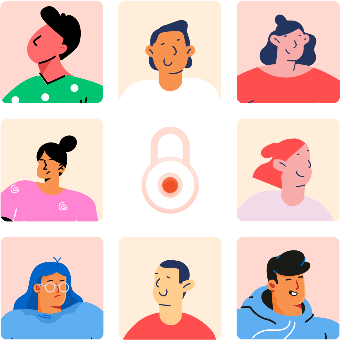 A grid of user avatars with a large lock icon, symbolizing privacy.