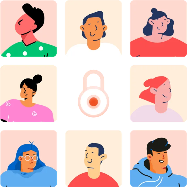 A grid of user avatars with a large lock icon, symbolizing privacy.