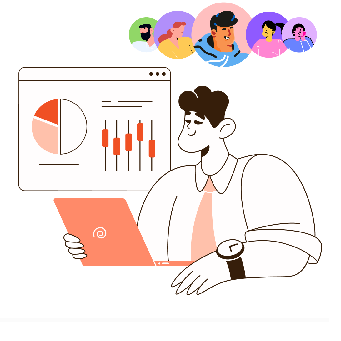 Illustration of a person at a desk using a laptop for an online meeting with analytics