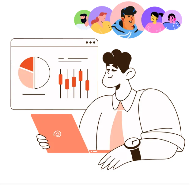 Illustration of a person at a desk using a laptop for an online meeting with analytics