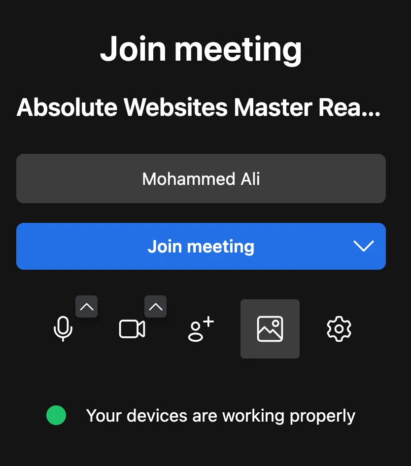 Sonacove pre-meeting join screen with a name field, microphone and camera controls, and a green status line reading Your devices are working properly